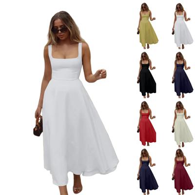 Женское элегантное однотонное платье с квадратным вырезом, без рукавов, приталенное по талии, на бретелях