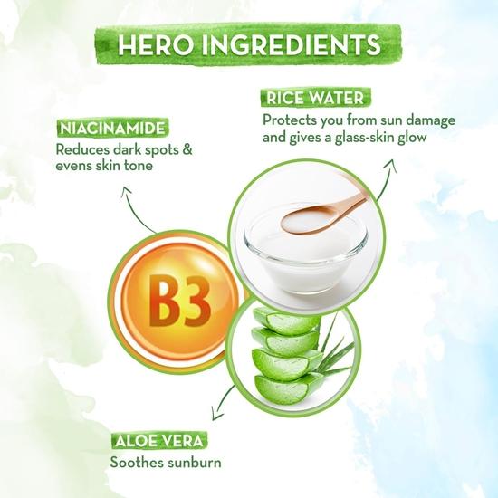 Mamaearth Солнцезащитный крем Rice Water Dewy с рисовой водой и ниацинамидом 50 г | Обеспечивает защиту SPF50 и PA++++ | Для сияния кожи | Защита от UVA и UVB