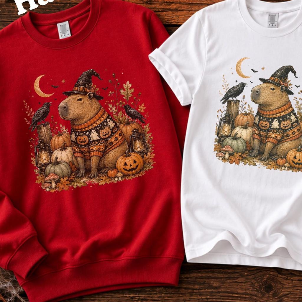 Capybara Witch Halloween T Shirt, Cute Pumpkin Ghost Sweater Print Tee, Funny Animal Lover Spooky Season Top, Cozy Autumn Costume Tshirt