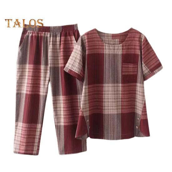 2 шт./компл. женская футболка и брюки комплект плюс размер домашней одежды наряд соответствующего цвета клетчатый принт круглый вырез с короткими рукавами топ широкие эластичные свободные брюки