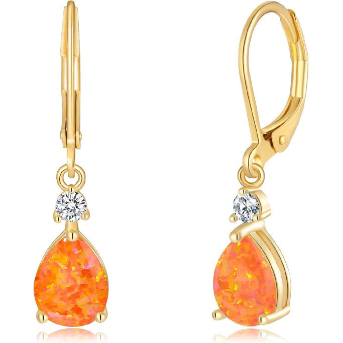 Leverback Opal Dangle Drop Earrings For Women 14K Gold Plated | 14K Gold Plated Teardrop Earrings, Hypoallergenic, Gift for Wedding/Birthday/Mom/Wife