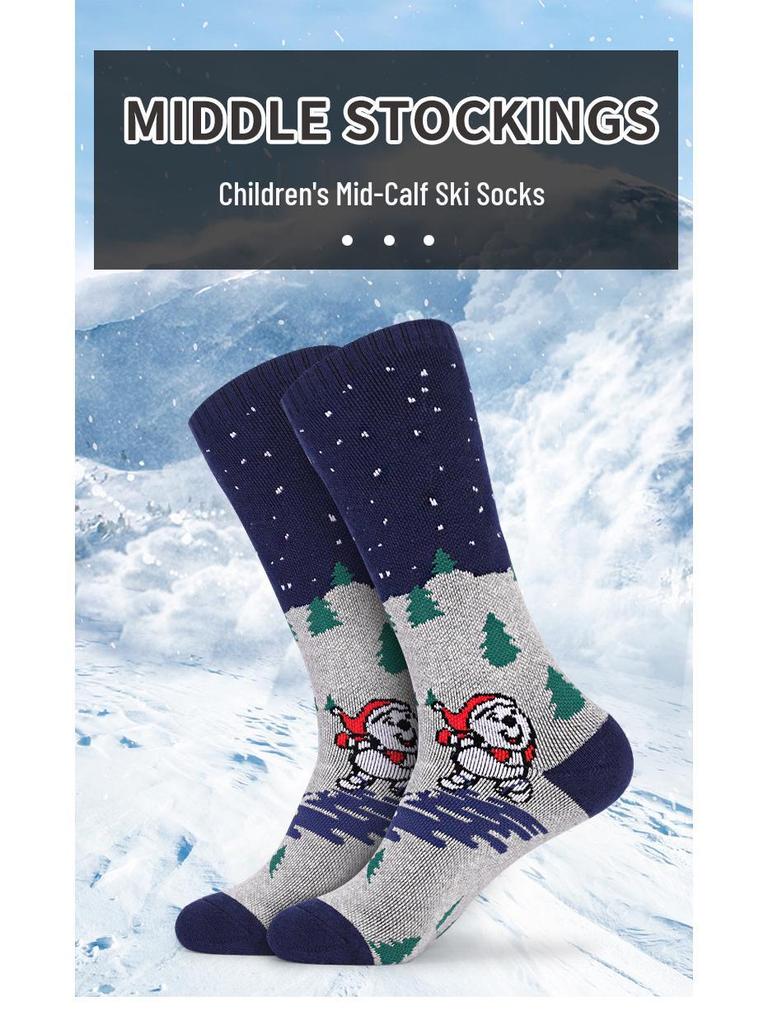 Two Wolves Kids' Winter Knee-High Ski Socks - Terry Bottom, Thick, Sweat-Absorbent, Warm with Christmas Tree Design