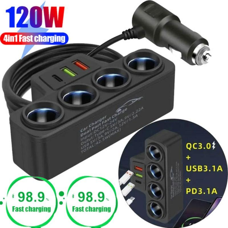 New12V/24V Car Cigarette Lighter Adapter 4-Socket 3.1A Charger Charger USB Car USB+QC3.0+PD3.1A Accessories Port USB 120W