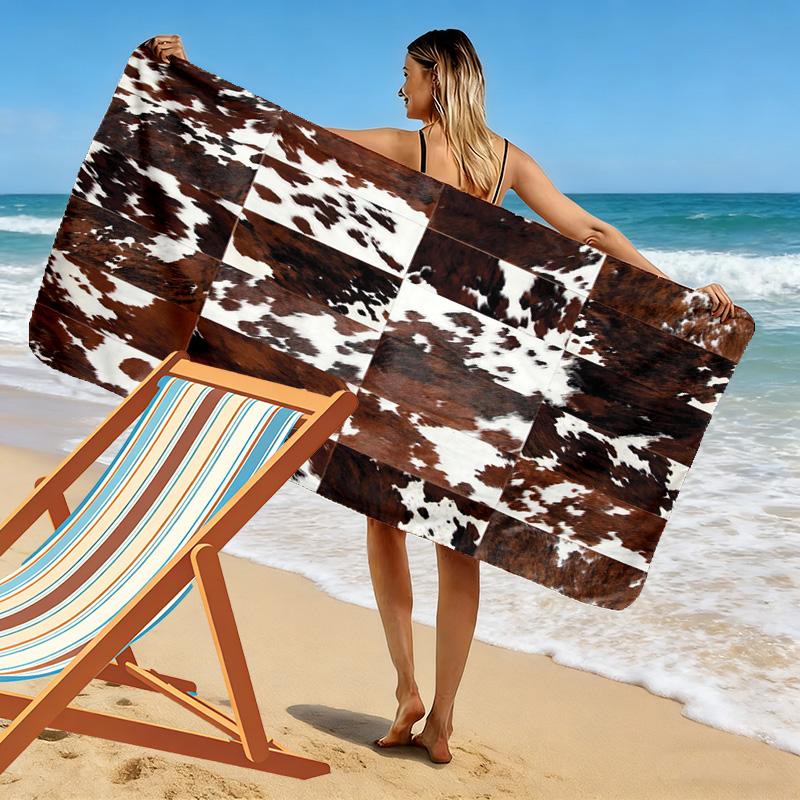 Rustic Cowhide Style Print Beach Towel, Large Soft Quick Dry Towel for Beach Camping Swimming