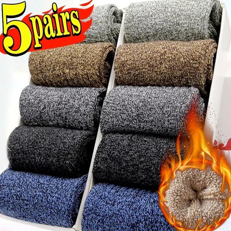 5 пар зимних мужских носков из мериносовой шерсти, очень толстые, теплые, высокого качества, Harajuku, ретро, ​​зимние, повседневные, антифриз, кашемировые носки, мужские