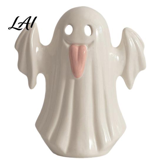 Small Ghost Figurine Vase Light Up Ceramic Figurines for Halloween Decor Cute White Statue Decorative Sculpture with Pink Tongue LED Night