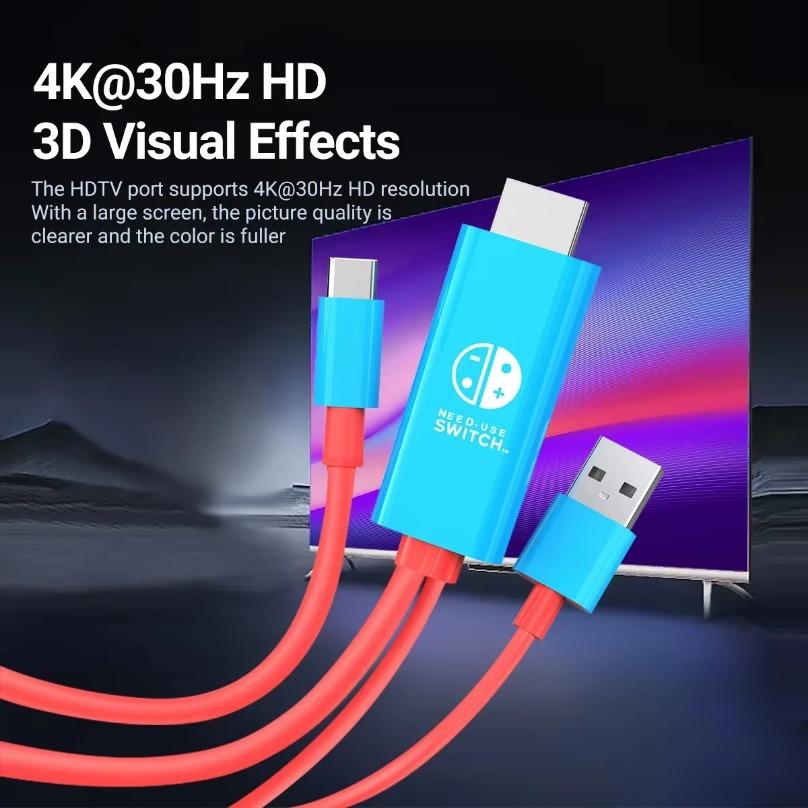 Адаптер 4K HD Кабель Type C - HDMI-совместимый и зарядка USB 5 В Портативная ТВ-док-станция для Nintendo Switch/OLED, Steam Deck, iPad Pro