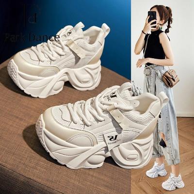 Массивные 7 см Женские повседневные вулканизированные туфли на высоком каблуке Женские кожаные кроссовки Уличные Увеличенные Удобные Кроссовки на платформе и танкетке