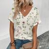 2024 Summer Leisure Comfortable T-shirt Women's Elegant V-neck T-shirt Fashion Blue Flowers Print T-shirt Large Size  T-shirt
