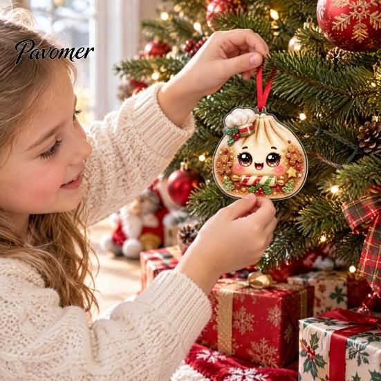 Unique Holiday Party Favors 2D Acrylic Christmas Ornament, Cute Luck Bag Bun Hanging Decor, Flat Pendants Tree Pendant for Home Gift Exchange