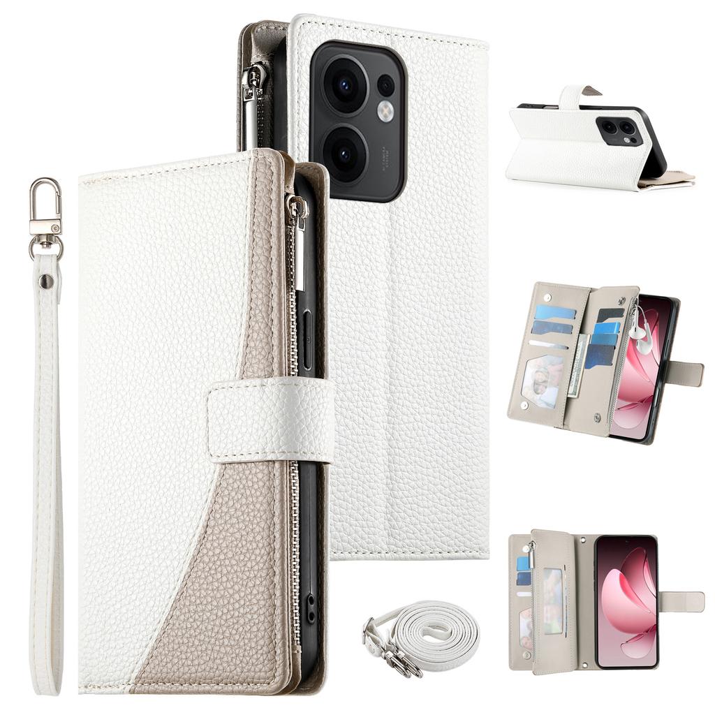 For Oppo Reno13 F 5G Case Zipper Wallet Color Splicing Leather Flip Phone Cover with Straps