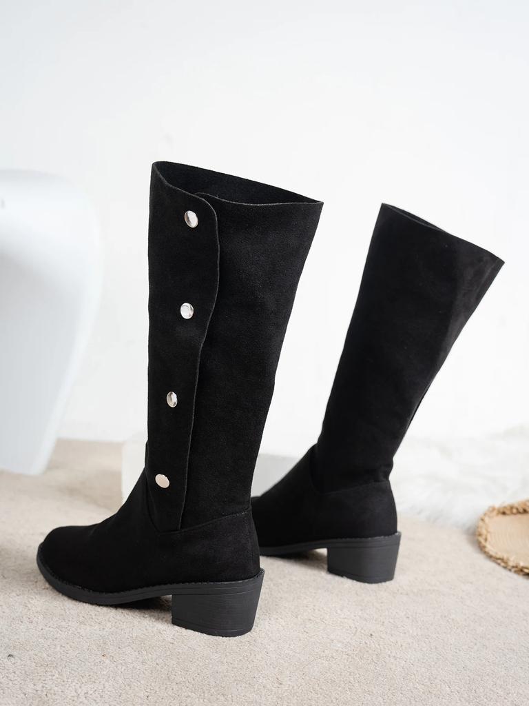 Винтажные ковбойские сапоги с острым носком на пуговицах, женские осенние сапоги с квадратным носком и толстым каблуком, высокие сапоги из замши и ткани, длинные