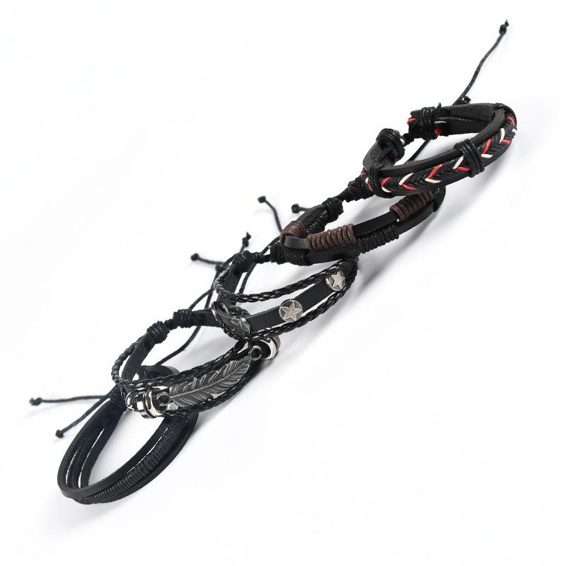 Vinatge Gothic Punk Skull Star Metal Multilayer Leather Bracelet Men Bracelets & Bangles Male Arm Jewelry