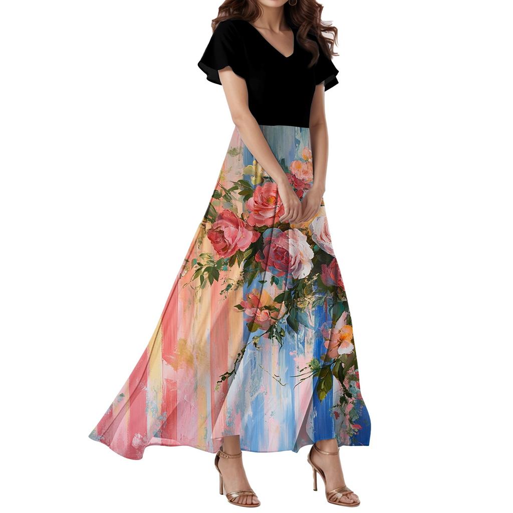 Женское свободное повседневное платье с V-образным вырезом, короткими рукавами, высокой талией и цветочным принтом Платье с цветочным принтом