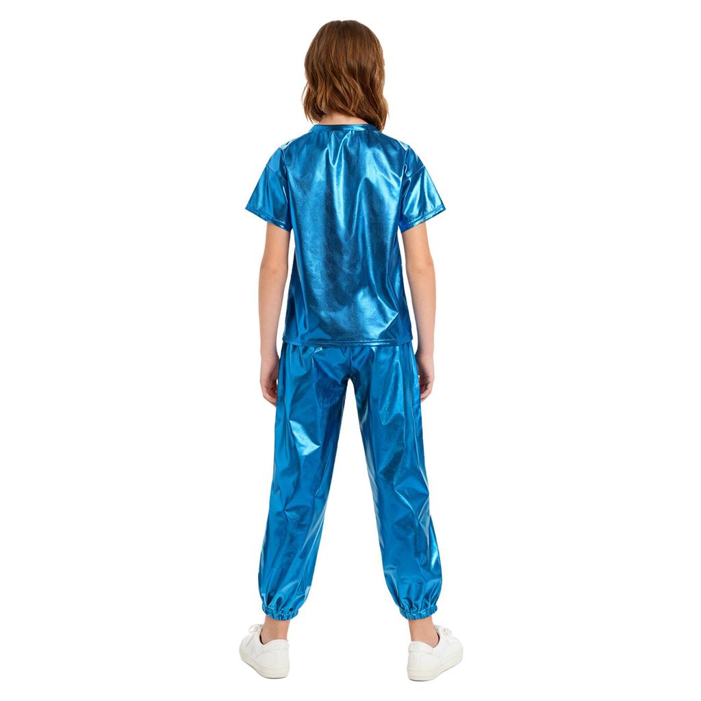 Children Stage Performance Outfit Kids Dance Party Costume Set Metallic Shiny T Shirt with Pants Unisex Ballet Jazz Wear