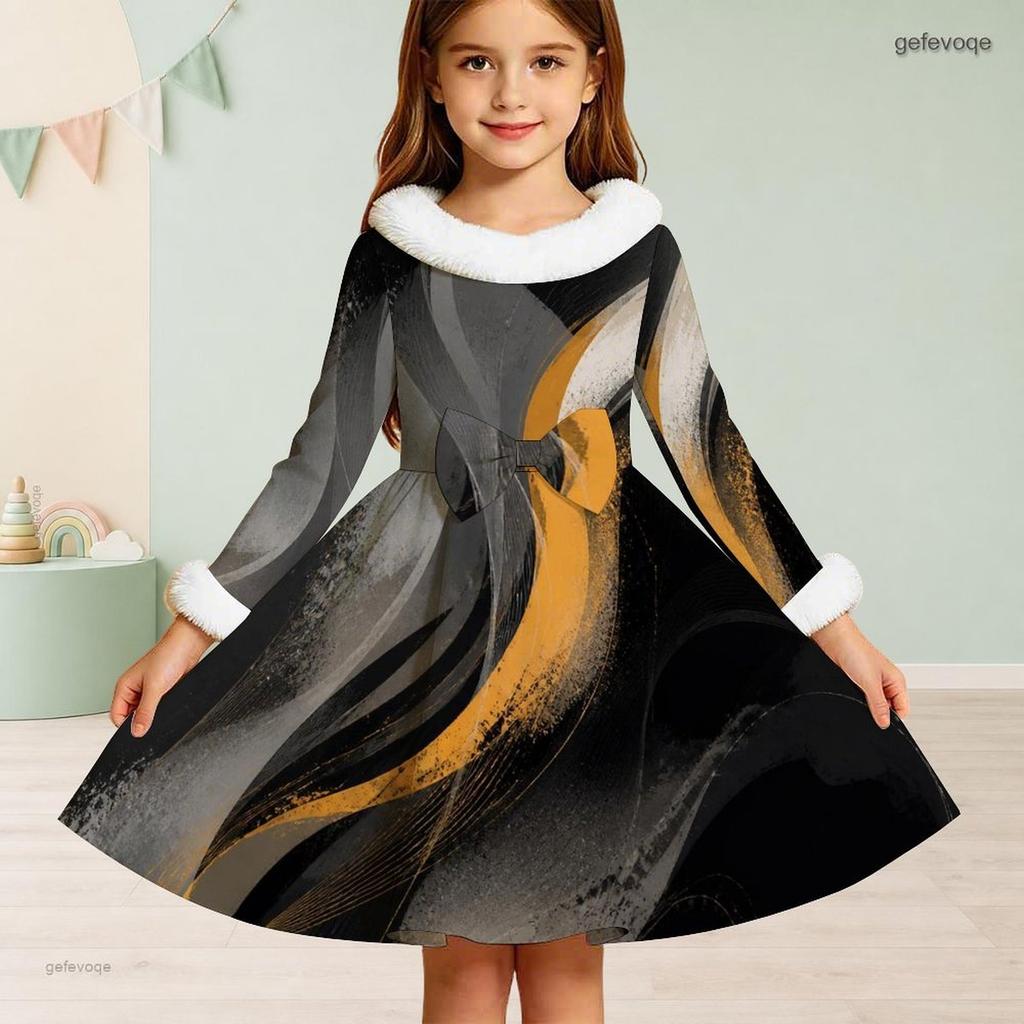 Girls High Neck Long Sleeve Colorful Printed Furry Trim Bow A Line Flared Dress
