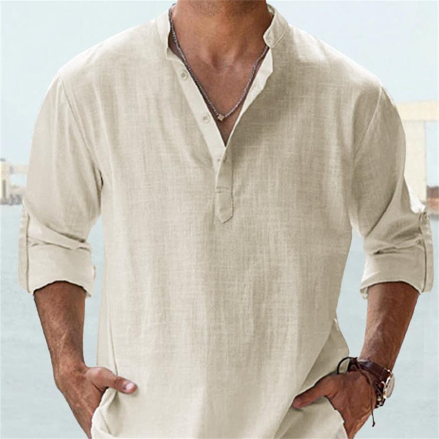 Мужская свободная однотонная льняная рубашка с длинным рукавом и воротником-стойкой, повседневные мужские белые, черные рубашки для мужчин, блузка