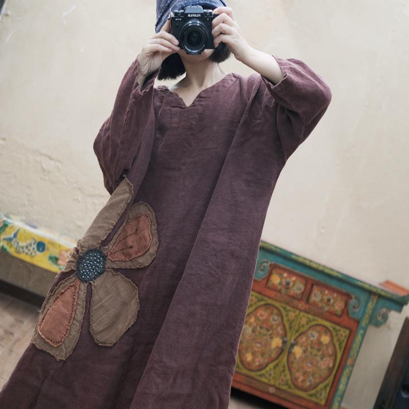 Винтажное красное свободное льняное платье с вышивкой в виде снежинок в стиле дзен (1998)