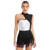 Womens Sleeveless Latin Dance Leotard Shiny Sequins Contrast Color Fringed Bodysuit for Dance Party Stage Performance
