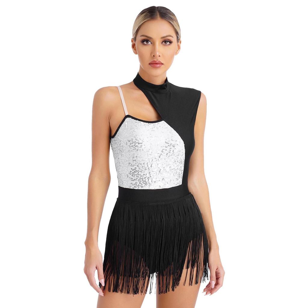 Womens Sleeveless Latin Dance Leotard Shiny Sequins Contrast Color Fringed Bodysuit for Dance Party Stage Performance