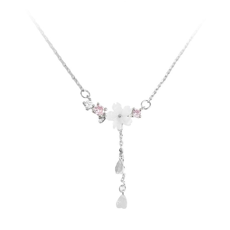 Real 925 Sterling Silver Cherry Flower Shell Long Tassel Necklace for Women Sweet Heart Pendant Clavicle Chain Choker Necklace
