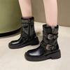 Fashion PU Leather British Style Short Boots New Square Toe Thick Sole Belt Buckle Side Zipper Thick Heel Knight Boot for Women Heel 5cm