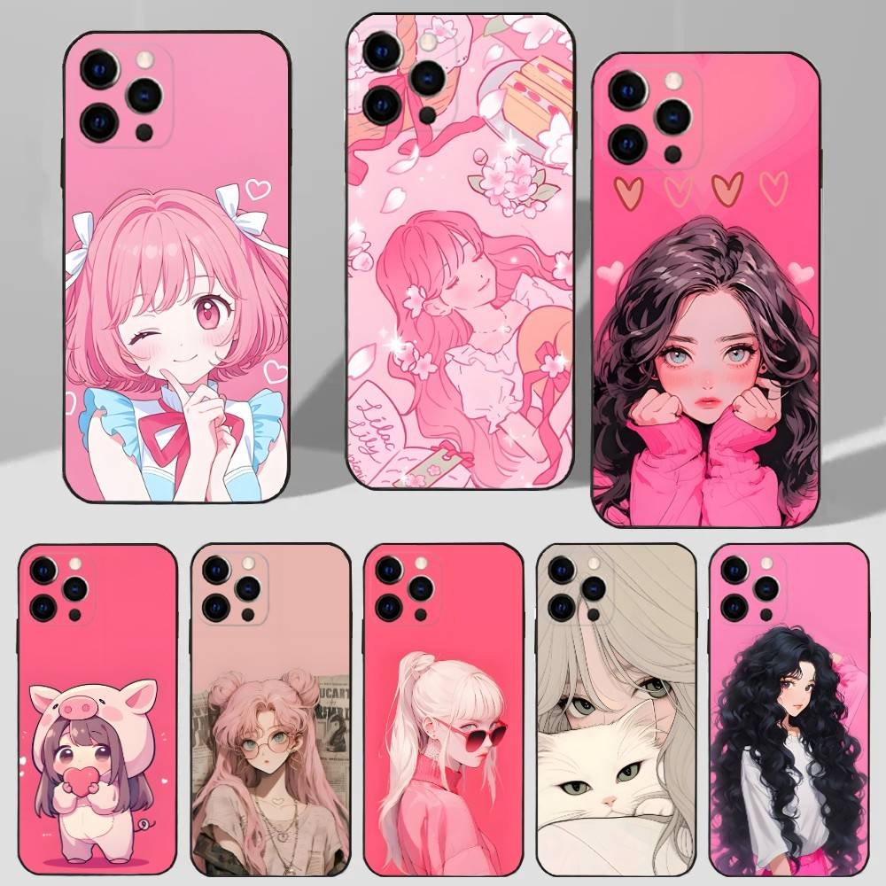 Beauty Girl Cartoon Pink Case For iPhone 16,15,17,14,13,12,11 Plus,Pro Max,XS,X,XR,SE,Mini,8,7 Soft Silicone Black Cover