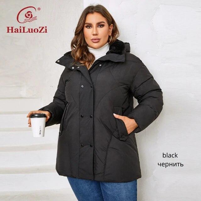 HaiLuoZi 2023 Новая женская зимняя куртка больших размеров с меховым капюшоном, толстая женская верхняя одежда с наклонным карманом, высококачественное женское пальто 1167