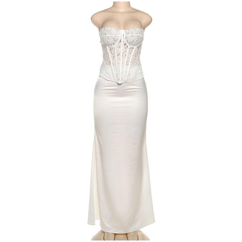 Elegant Lace Strapless Tops Set Women Solid Color Sleeveless Zipper Tube Top Hip Package Split Lady Skirt Summer Suit