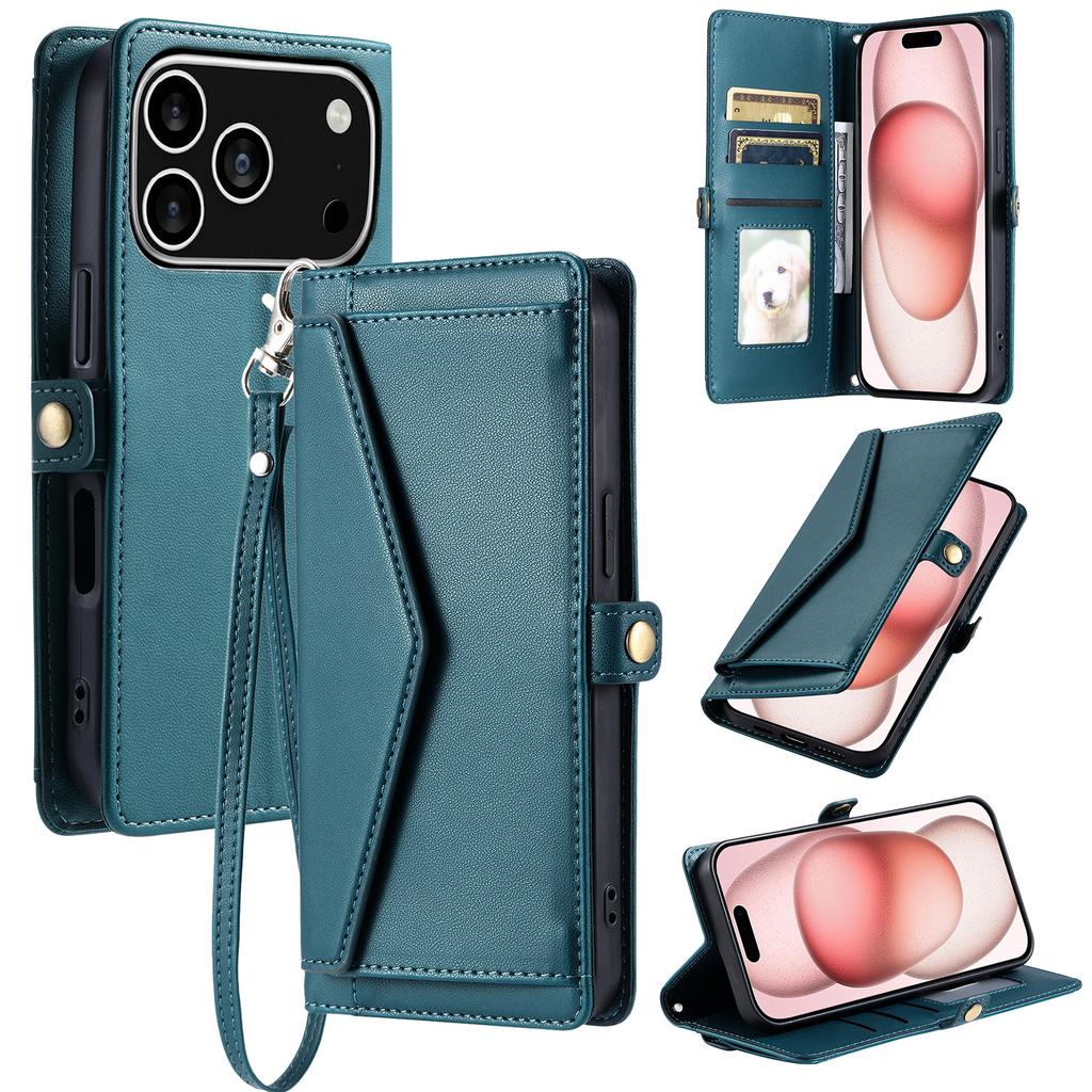 For iPhone 17 Pro Leather Case with Wrist Strap Wallet Stand Phone Cover