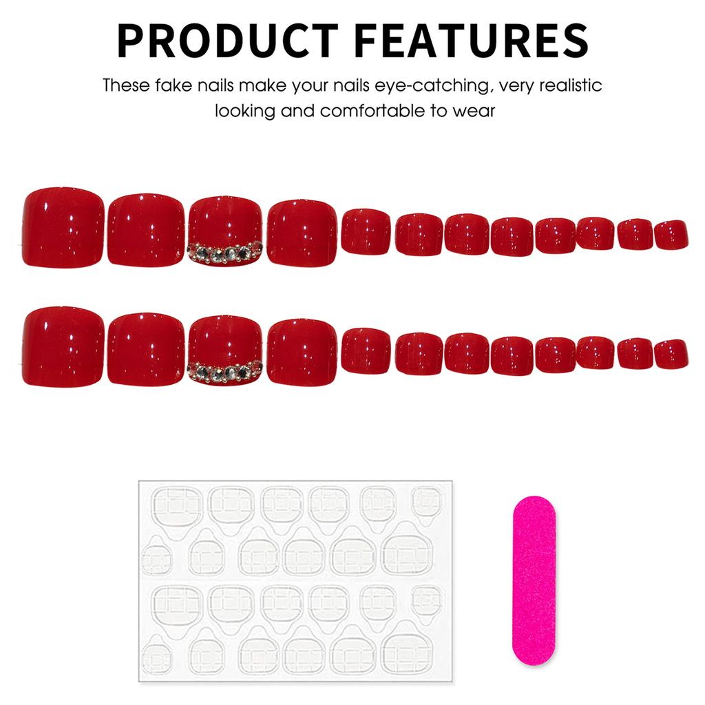Red Press on Toenails with Rhinestone Reusable Long Lasting Press on Nails for Shopping Traveling Dating