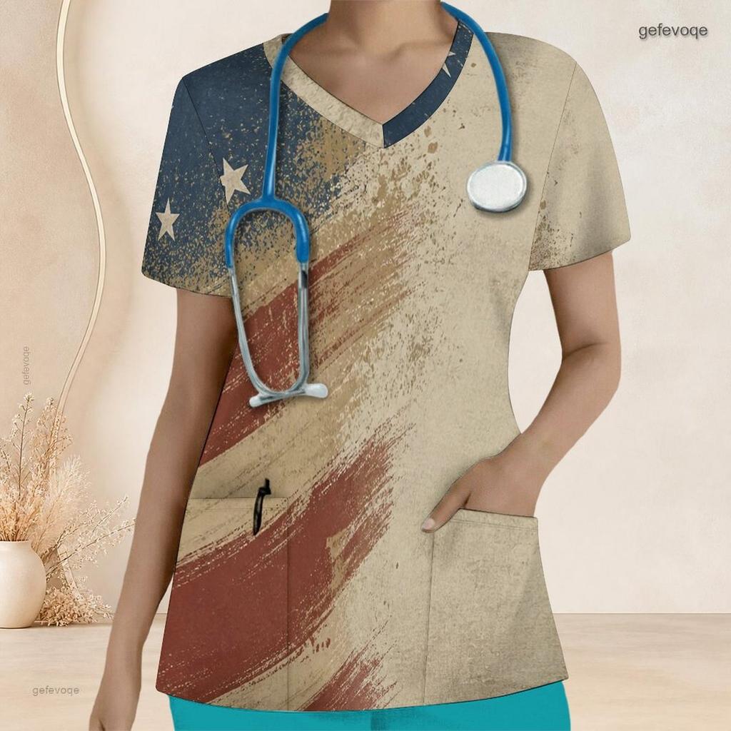 Women Plus Size Printed Nurse Scrub Top V Neck Short Sleeve With Front Pockets
