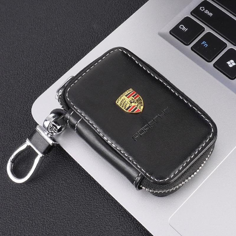 BMGB9 3D Metal+Leather Car Wallet Key Bag Multi Function Key Case For Porsche Cayenne Panamera Macan Boxster Cayman 718 911 Sticker