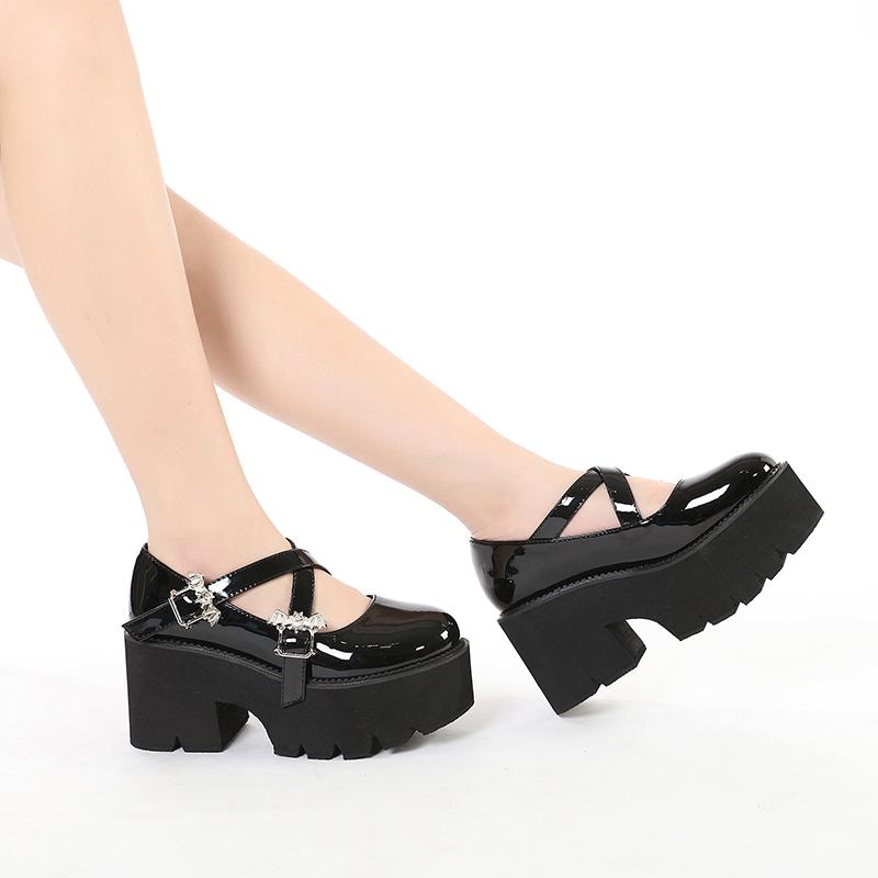 Metal Bat Platform Pumps Shoes Women Punk Thick Bottom Chunky Heel Mary Janes British Style Uniform School Shoes Girls