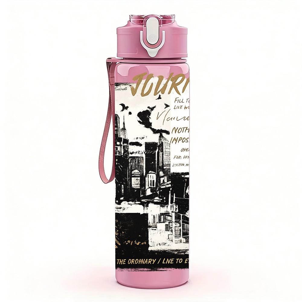 1PC Vintage Newspaper Text Collage Print 750ml Color Plastic Sports Water Bottle Leakproof Flip Straw Lid Suitable for Sports Office Home Use