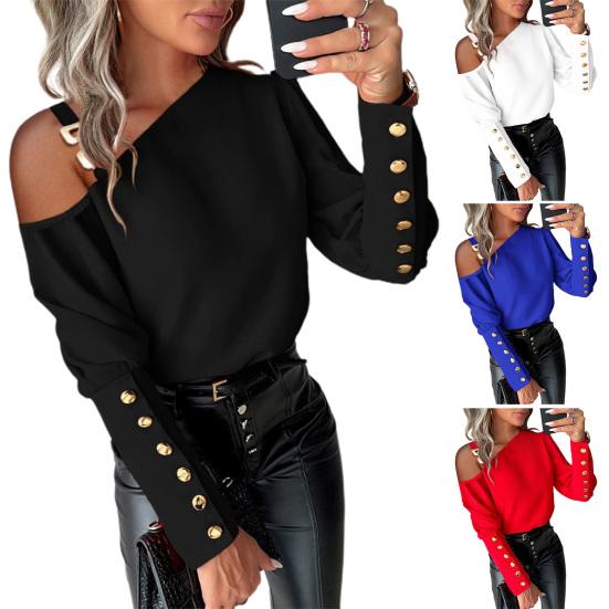 Твердый большой размер, один цвет, рубашка с цепочкой на плечах, декор с длинными рукавами и пуговицами, пуловер с наклонным вырезом, мягкий