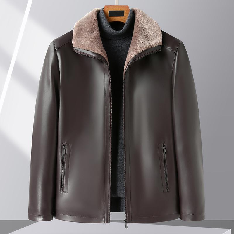 Fur Integrated Leather Jacket Men's Leather Jacket Velvet Thickened Winter Middle-aged Warm Lapel Daddy Soft Leather Jacket