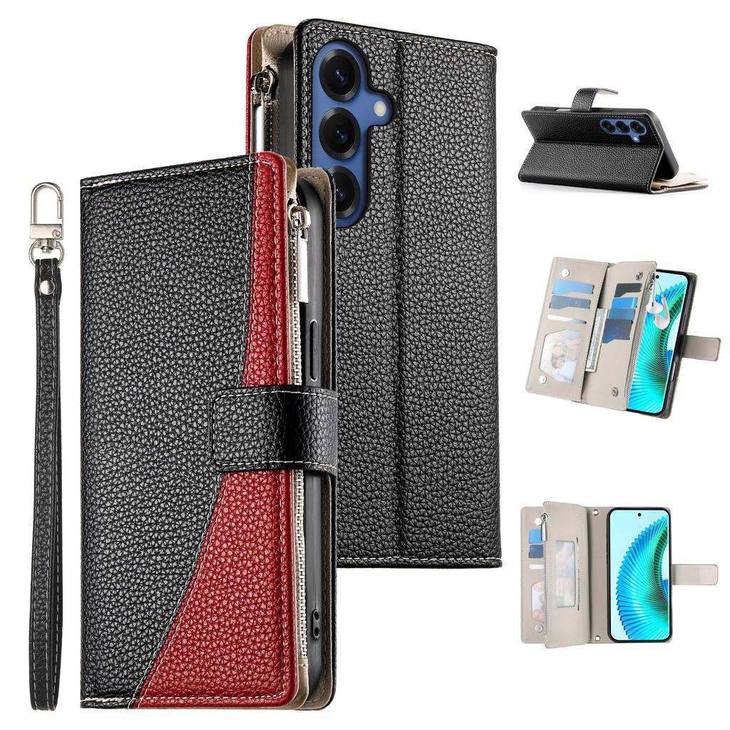 For Samsung Galaxy S26 Case Zipper Wallet Color Splicing Leather Flip Phone Cover with Straps