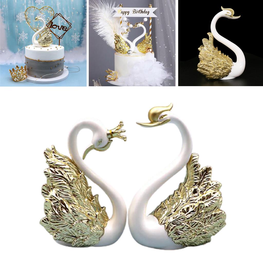 2x Romantic Crown Swan Cake Topper Baking Decorative Tabletop Decor Golden
