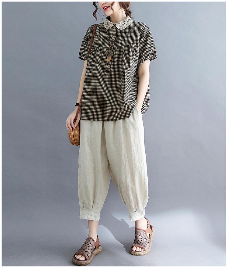 2021 Лето Большой размер Пэчворк Женская Хлопково-льняная Клетчатая Блузка с воротником Питер Пэн Приталенная С коротким рукавом