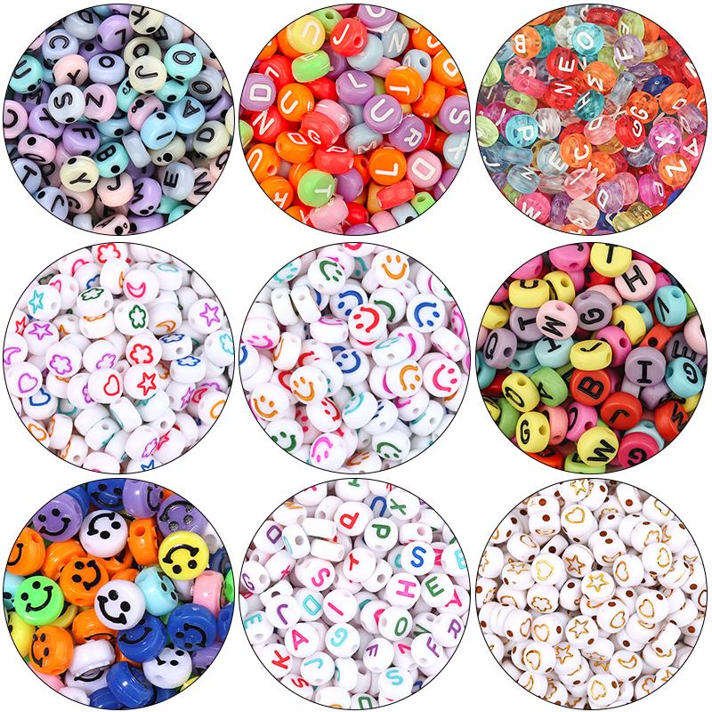 100Pcs Acrylic Flat Letter Beads Alphabet Round Smile Spacer Loose Bead For Diy Jewelry Bracelet Charm Supplies