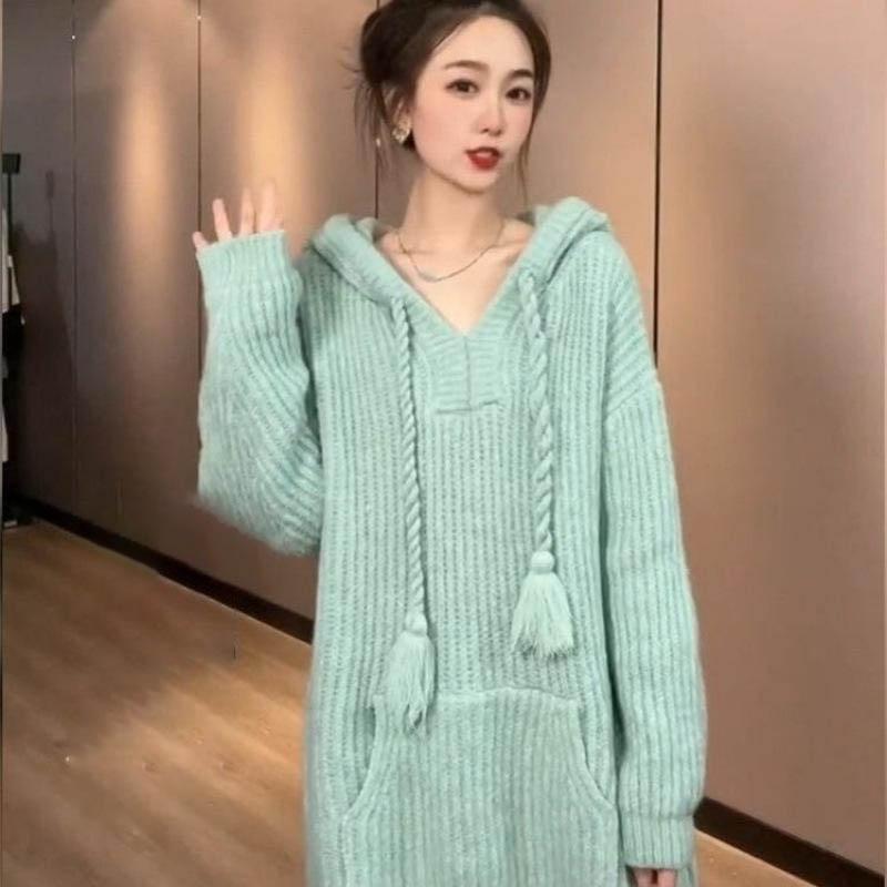 Вязаные худи в корейском стиле для женщин, весна-осень, с длинными рукавами, с капюшоном, свитера-пальто, модные, милые, универсальные худи