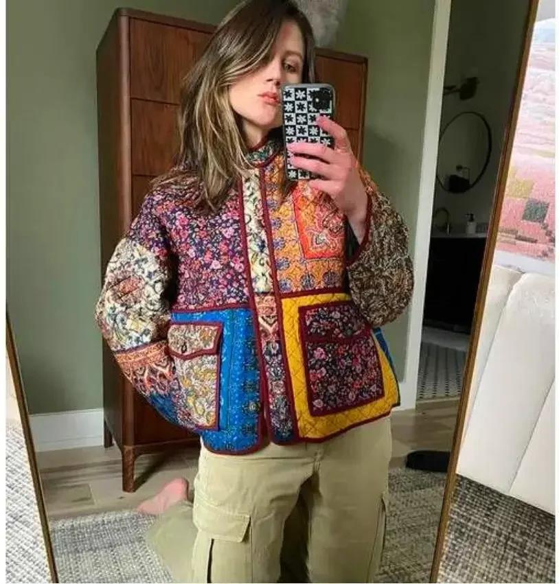 Floral Print Women Vintage Padded Coats Stand Collar Quilted Jacket Button Cotton Clothing Winter New Loose Coat Women Clothes