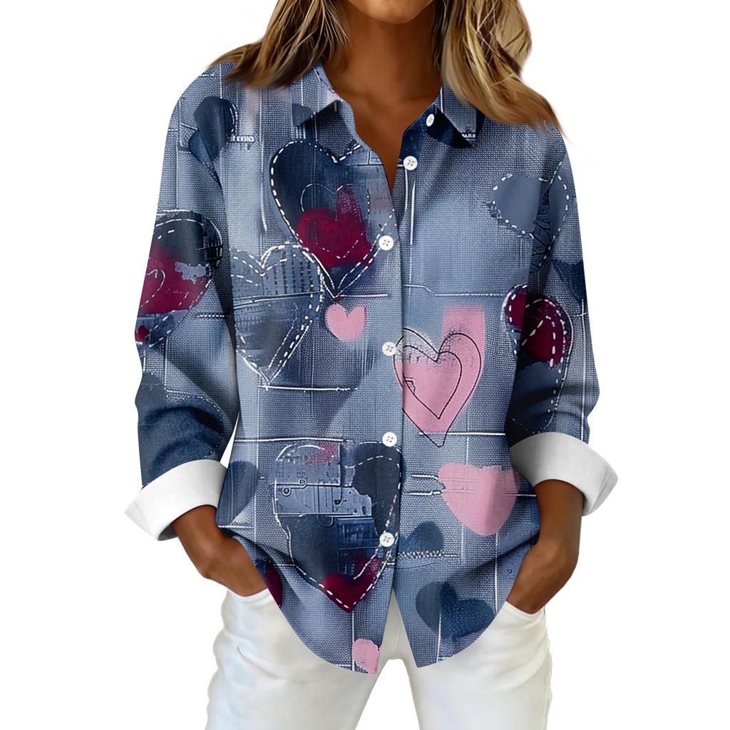 Женская рубашка-блузка с рождественским принтом и пуговицами, длинный рукав, повседневный базовый рубашечный воротник, обычный топ