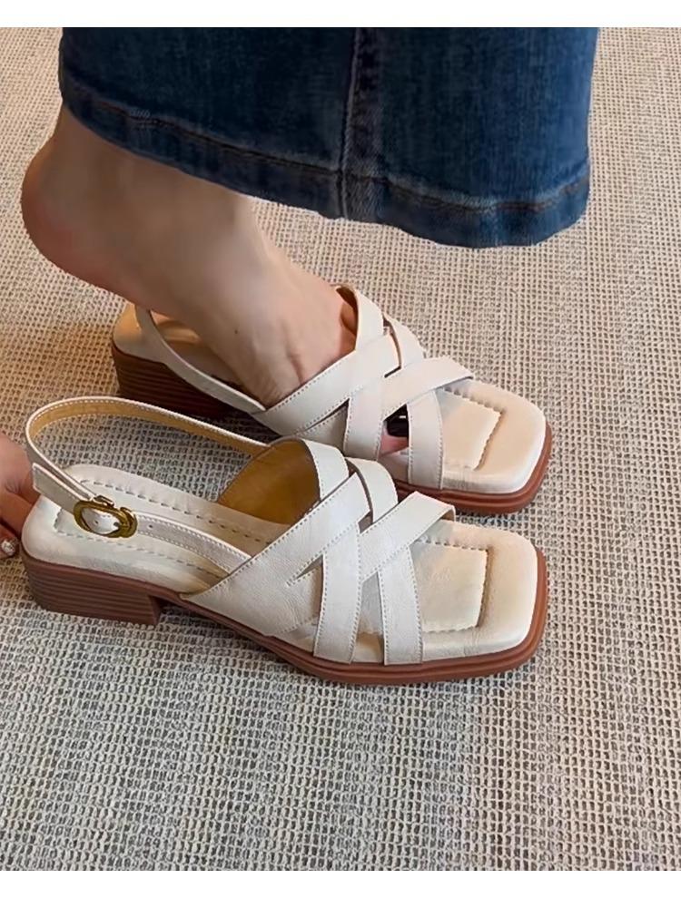 Версия из овчины~ квадратный носок, перекрестные ремешки, римские сандалии, женская летняя обувь, литературный ретро-стиль, плетение, толстый каблук, летние сандалии, тренд