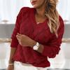 Women V-neck Solid Color Feather Hollowing Out Sexy Long Sleeves Sweater Tops