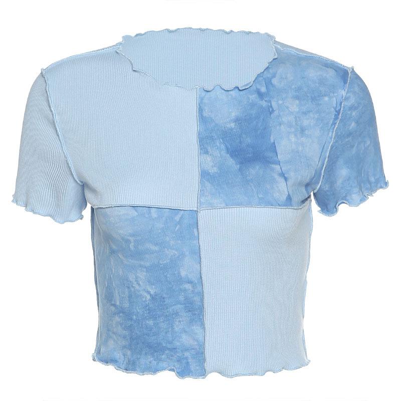 Шикарные укороченные топы, футболки тай-дай с блестками, лоскутные женские летние футболки с оборками по подолу, фиолетовая или булевая одежда