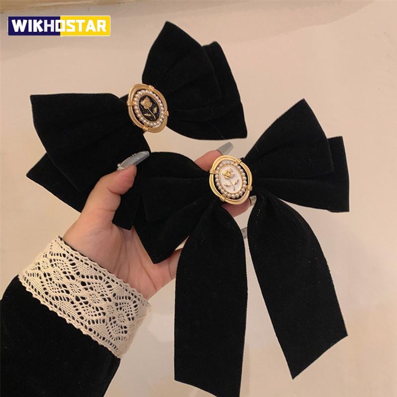 Black Velvet Rose Bow Hair Clip for Women's Elegant Ponytail Clip Fashion Hair Accessory