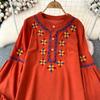 Женская блузка в этническом стиле с круглым вырезом и вышитыми рукавами-фонариками в стиле ретро, ​​летние женские топы с цветными блоками
