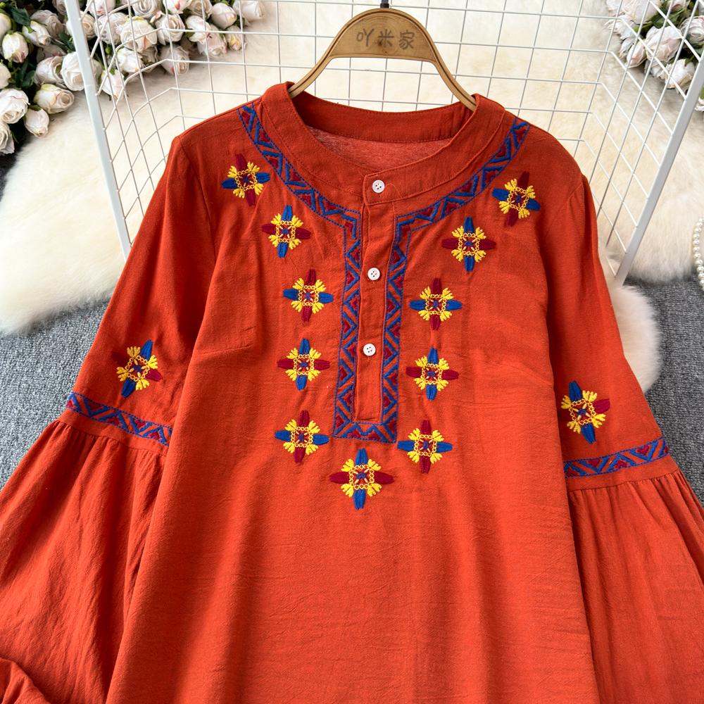 Женская блузка в этническом стиле с круглым вырезом и вышитыми рукавами-фонариками в стиле ретро, летние женские топы с цветными блоками